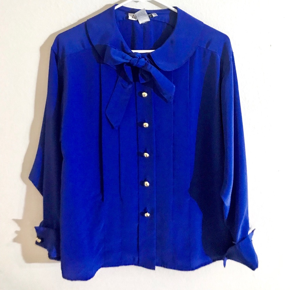 Pussy Bow Tie Electric Blue Long Sleeve Blouse